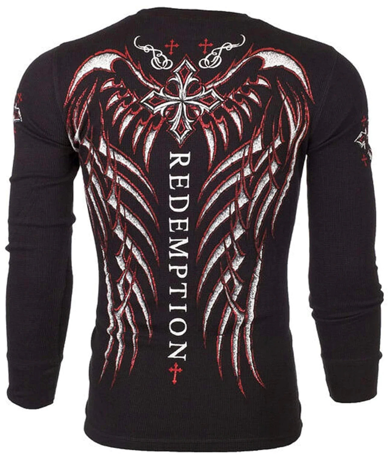 Archaic by Affliction Men's Thermal Shirt SPINE WINGS Black Biker S-3XL