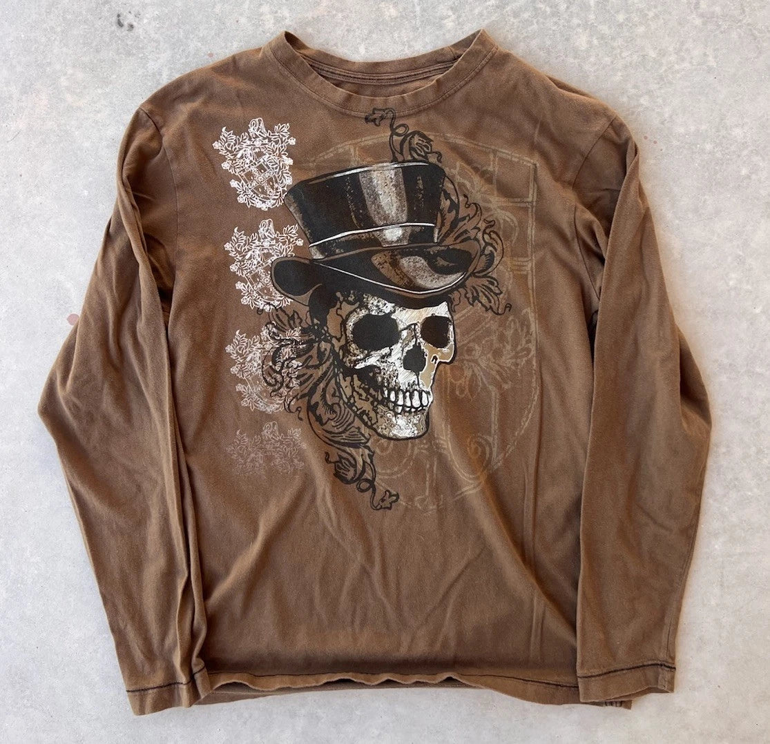 Vintage Cremieux Shirt Medium Brown Long Sleeve Y2K Emo Goth 2000s Skull Hat