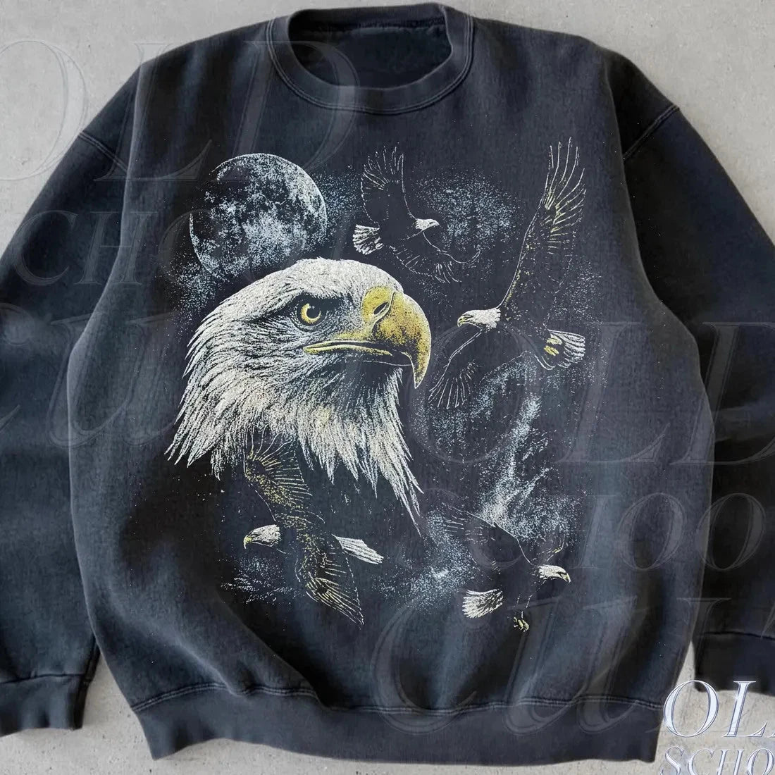 Bald Eagle Vintage Sweatshirt Moon Graphic Crewneck, Retro 90s Wildlife
