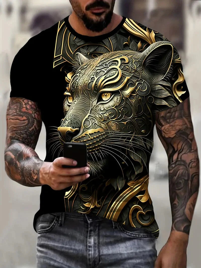 T Shirt Men Totem Meta Lion Gold Graphic Print Short Sleeve 3D Casual Trendy Tee