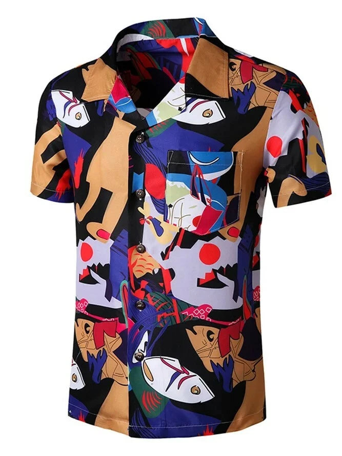 Men's Modern Art Short Sleeve Shirt Button Front XL NEW