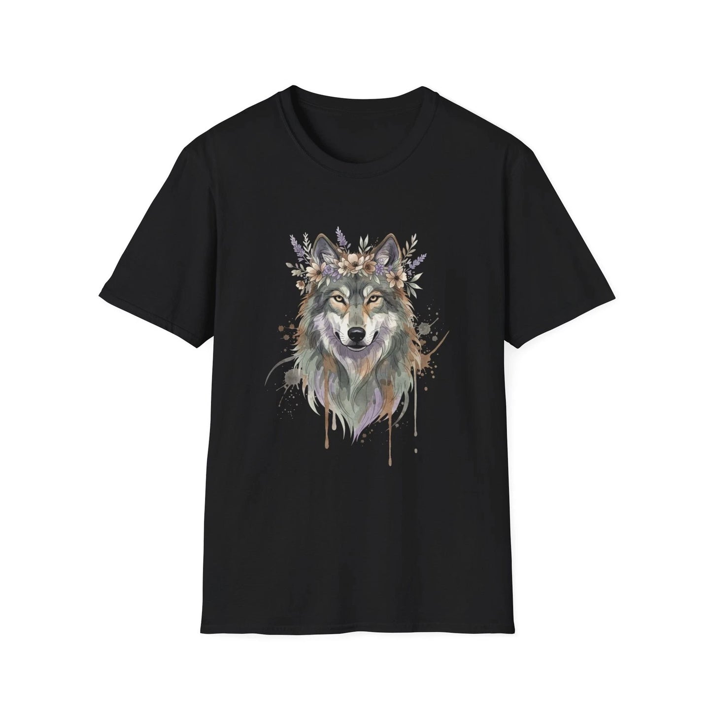 Wolf Floral Crown Watercolor Black Tee Nature Aesthetic Graphic T-Shirt
