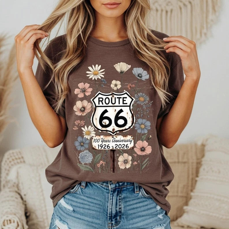 Route 66 Floral Shield 100 Years T-shirt | 1926-2026 Mother Road