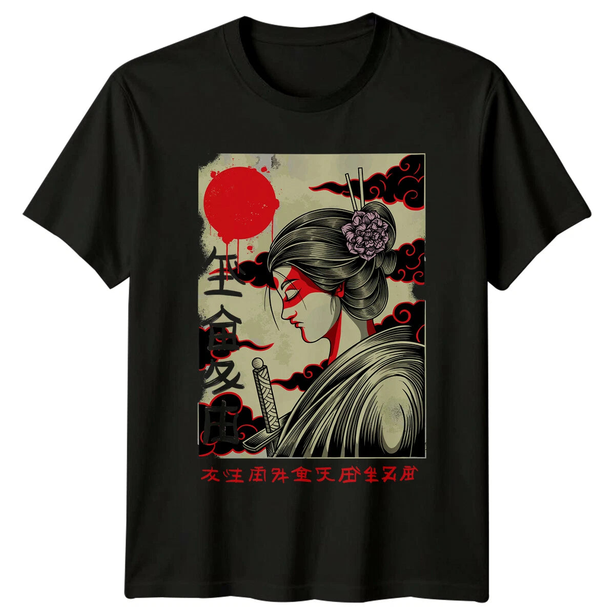 Japanese Geisha With Sword Kanji Art Mens T-Shirt Womens Tee Graphic Top