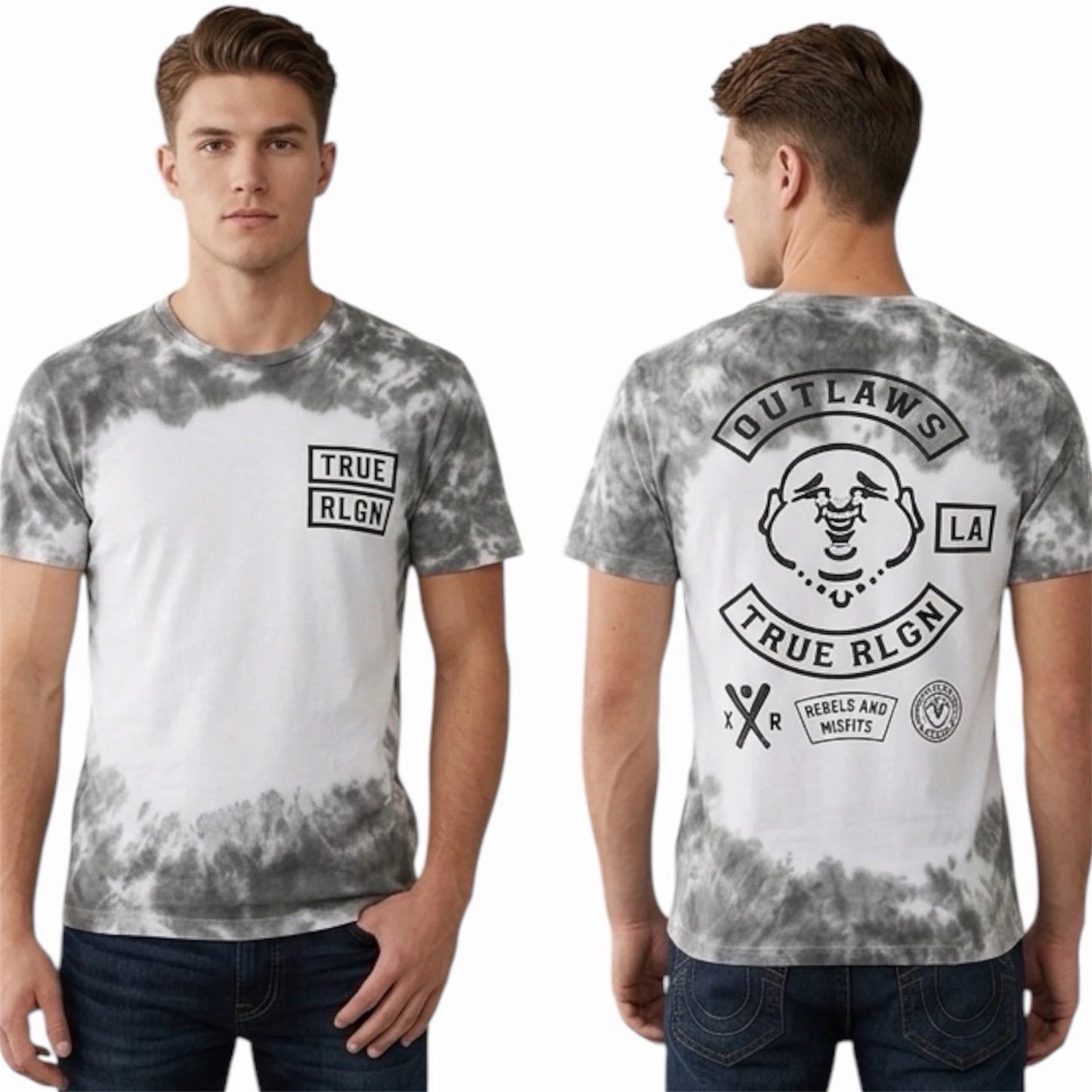 $89 TRUE RELIGION Grey Tie Dye OUTLAWS Short Sleeve Designer Graphic T-shirt NWT