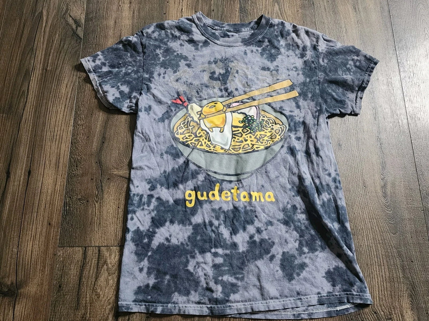 Adult S GUDETAMA Lazy Egg Ramen Bowl Kanji T Shirt Sanario Tie Dye
