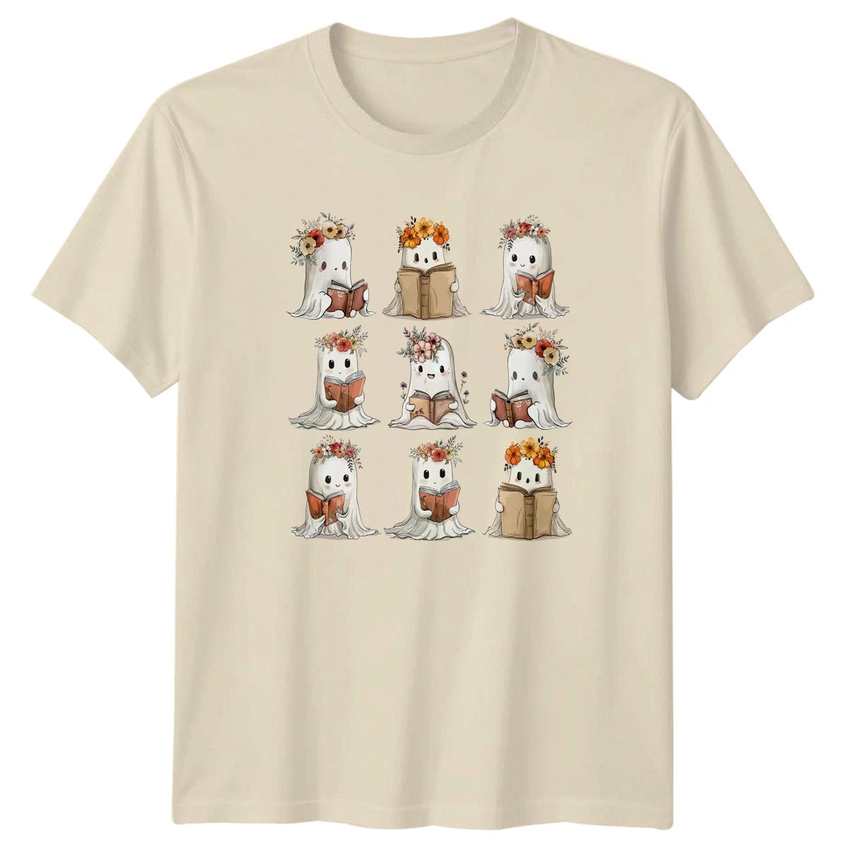 Cute Ghost Reading Book Flower Crown Womens T-Shirt Book Lover