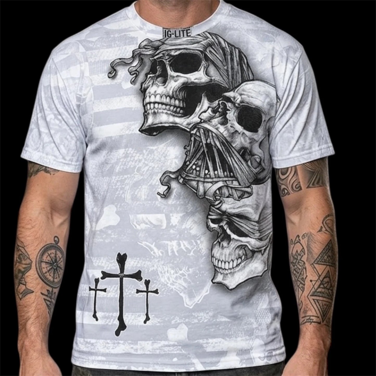 Rare MMA ELITE White Black Skulls Cross Short Sleeve Y2K MENS T-shirt 2XL NWT