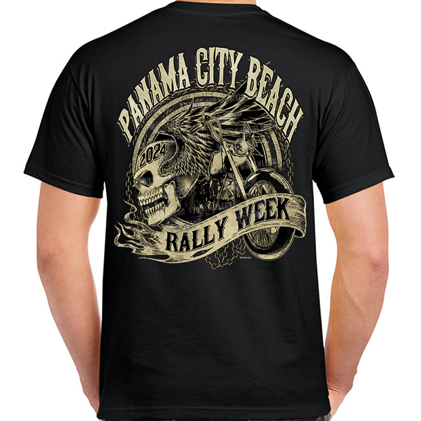 2024 Panama City Beach Rally Week Grunge & Chains Skull Wing T-Shirt