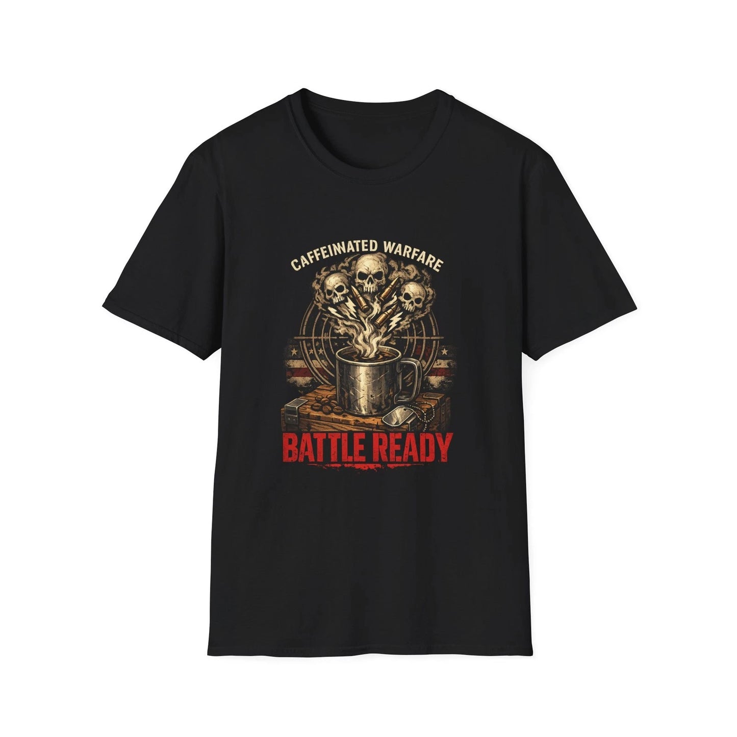 Caffeinated Warfare Battle Ready coffee skulls T-Shirt | Military coffee design
