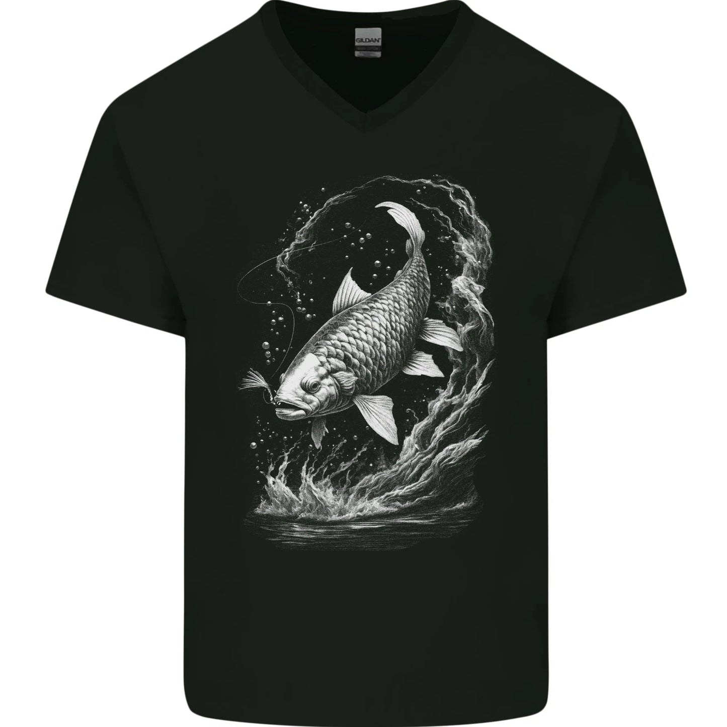 Carp Fish on a Line Fishing Fisherman Mens V-Neck Cotton T-Shirt