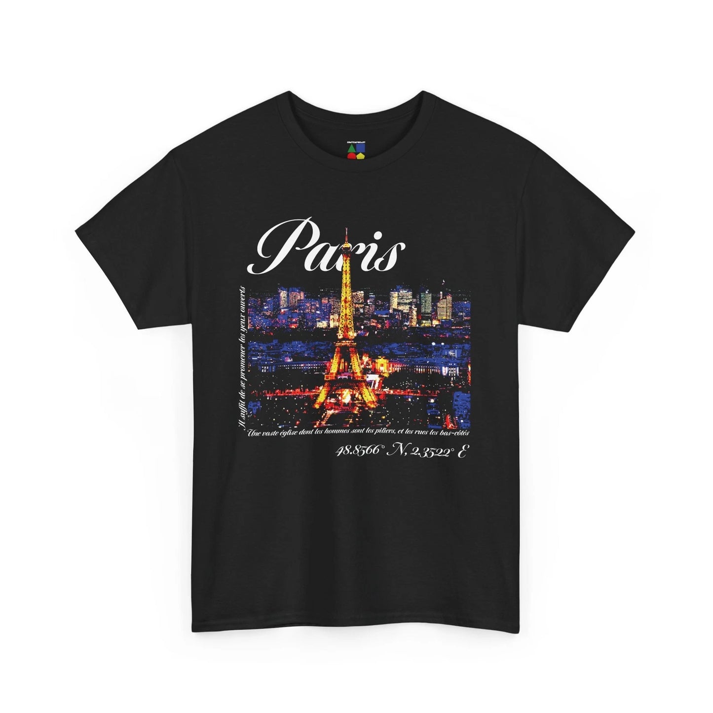 Pop Art Postcard Designer Tee- "Paris Eiffel Tower", Unisex, Cotton, Black