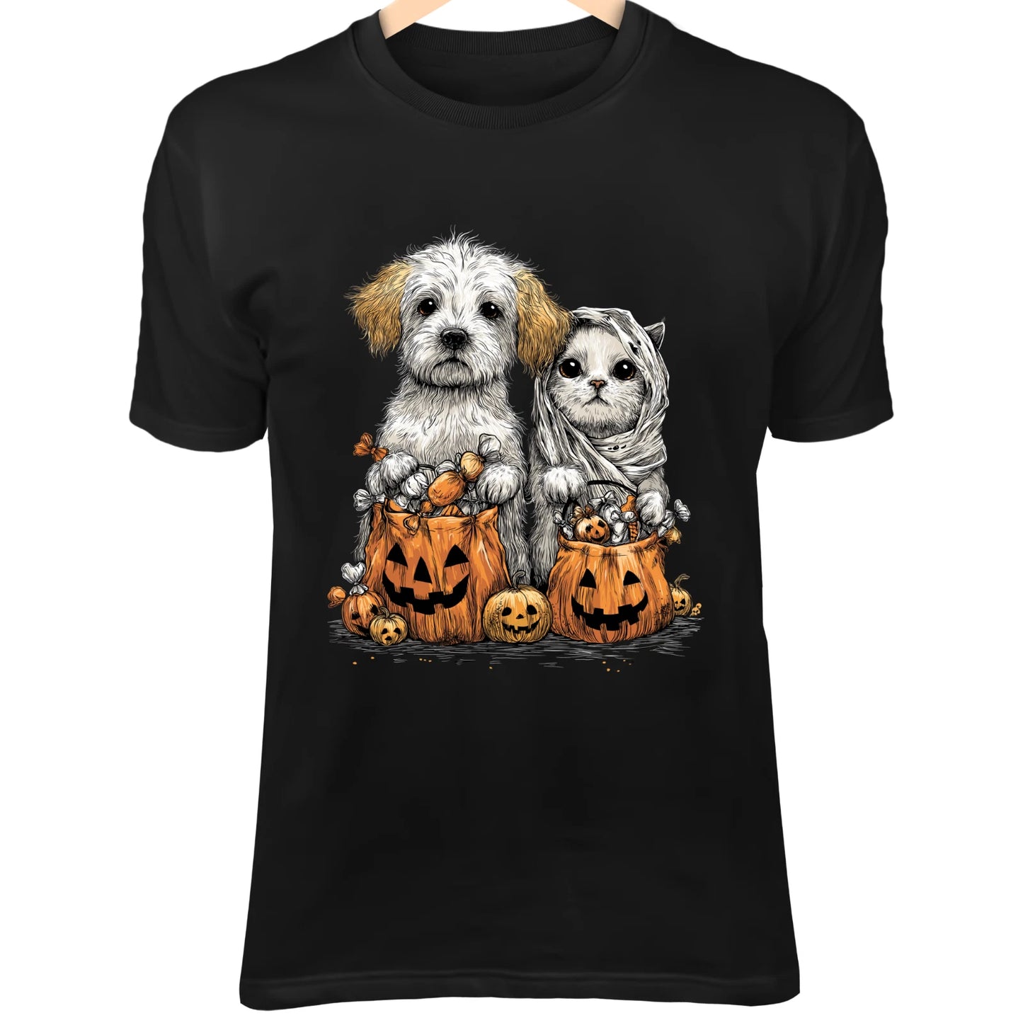 Halloween Dog & Cat Line Art - Cute Minimalist Cartoon with Candy Bags & Pumpkin