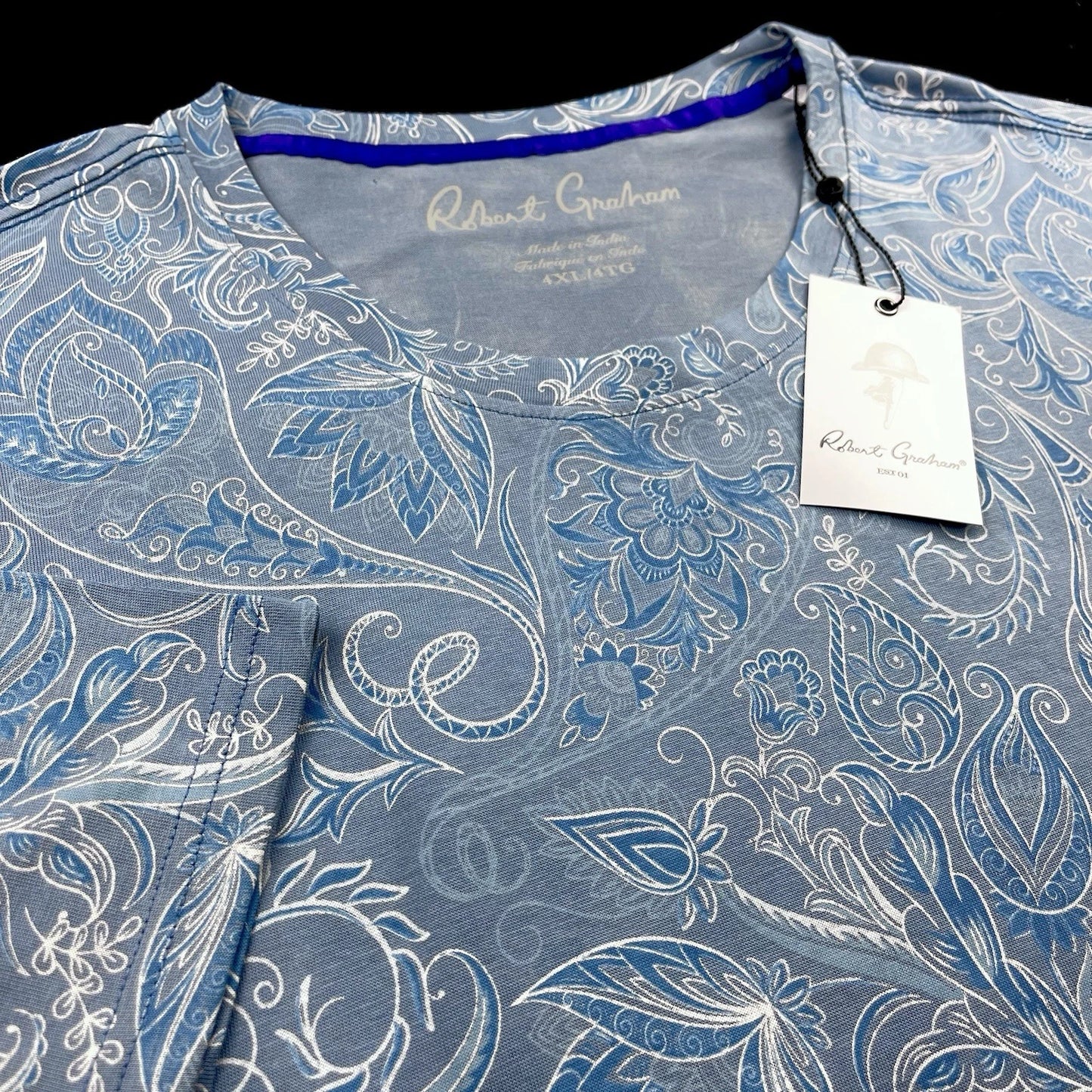 Robert Graham Paisley Floral Short Sleeve T-Shirt Slate Blue 4XL $118