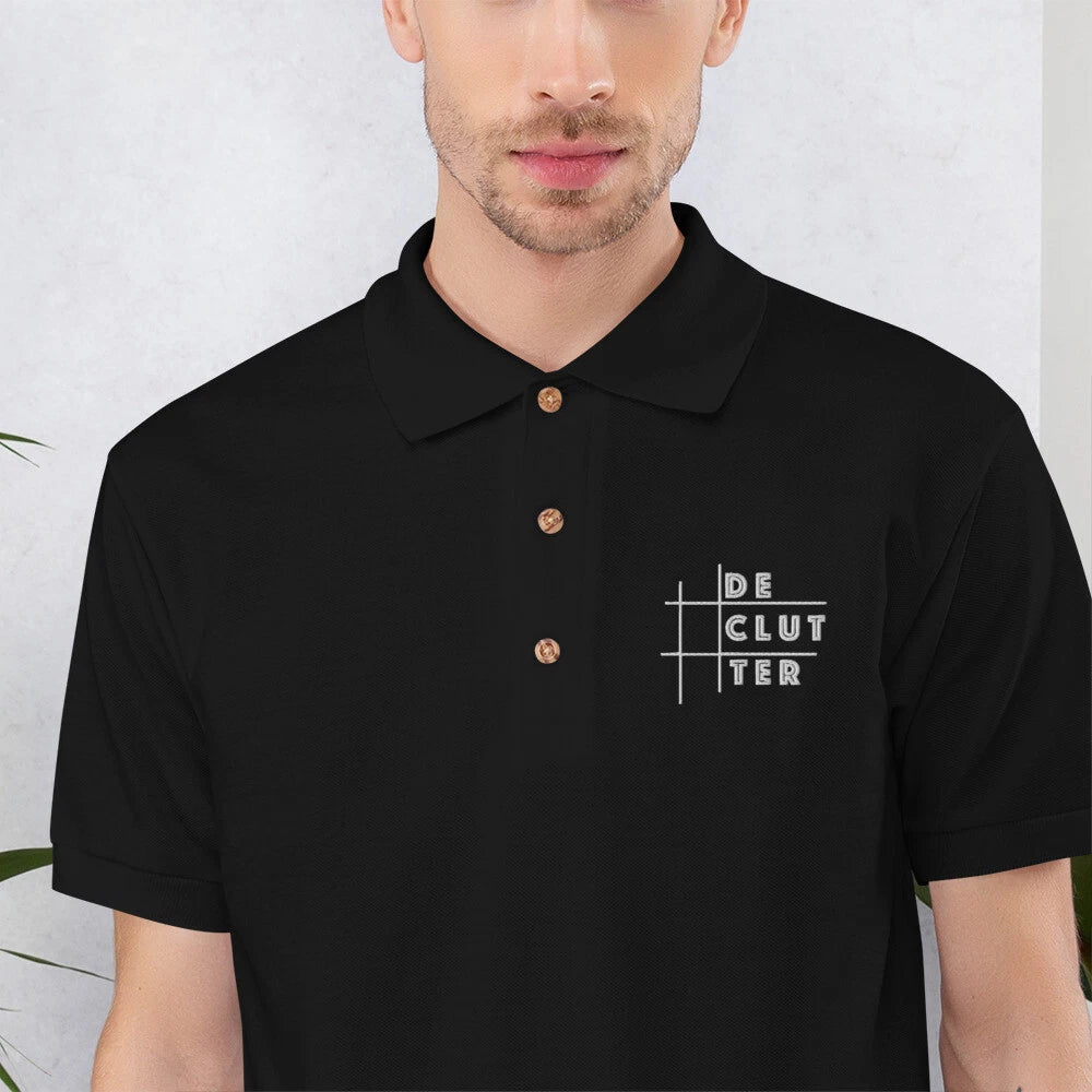 Declutter Minimalist Men's Embroidered Polo Shirt with white logo