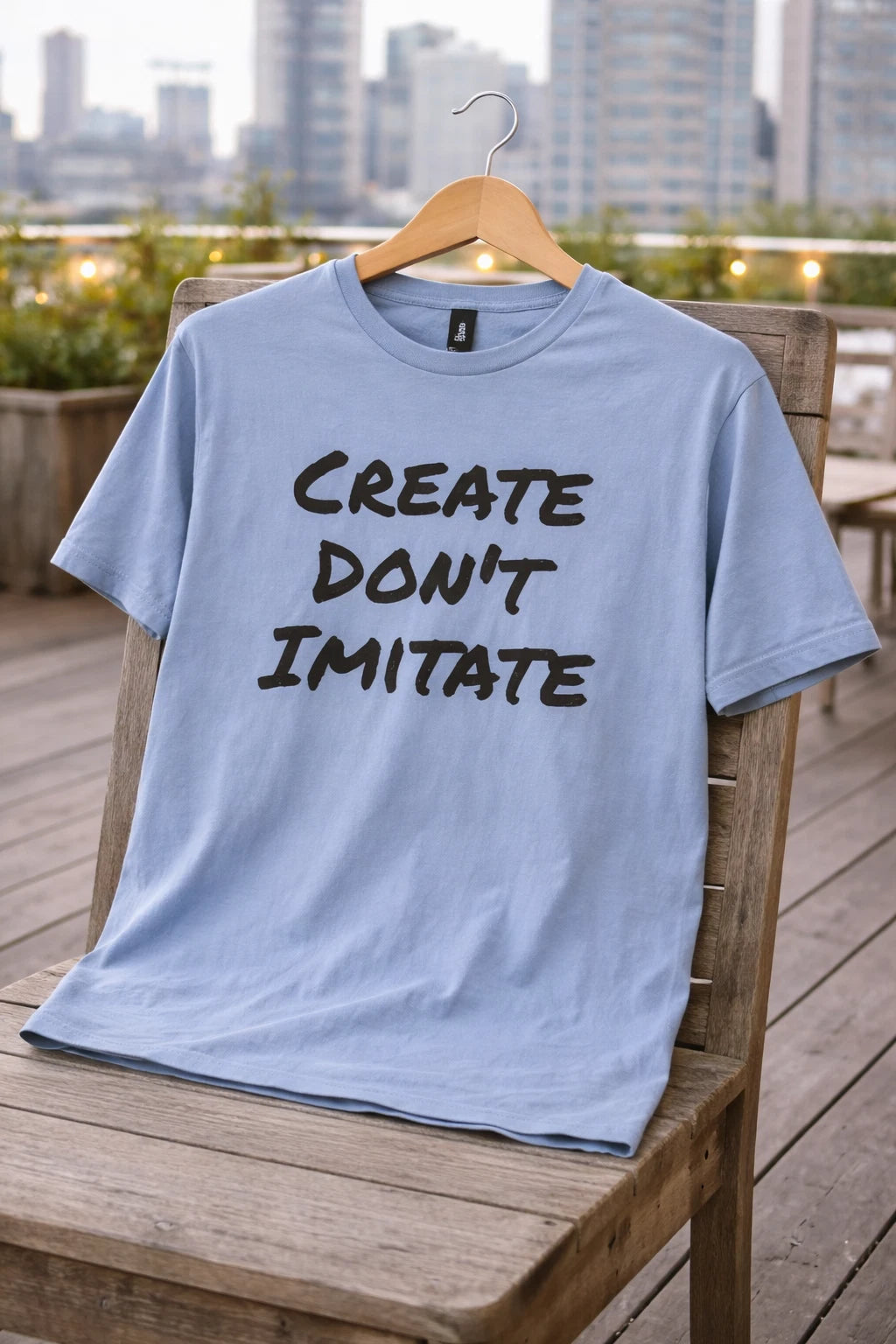 Create Don't Imitate Unisex Softstyle T-Shirt - Size Small Blue/Black Lettering