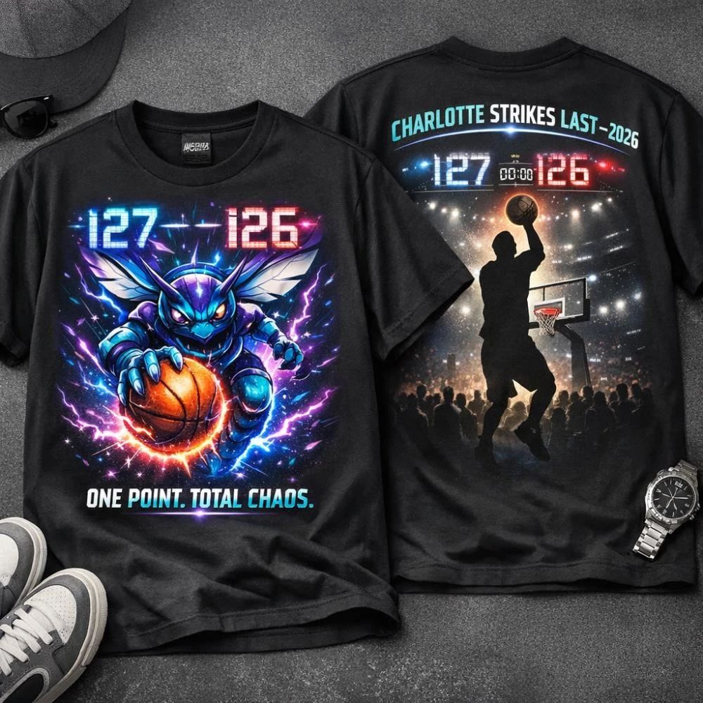 Charlotte Hornets win 127-126 Miami Heat one point total chaos 2 side shirt