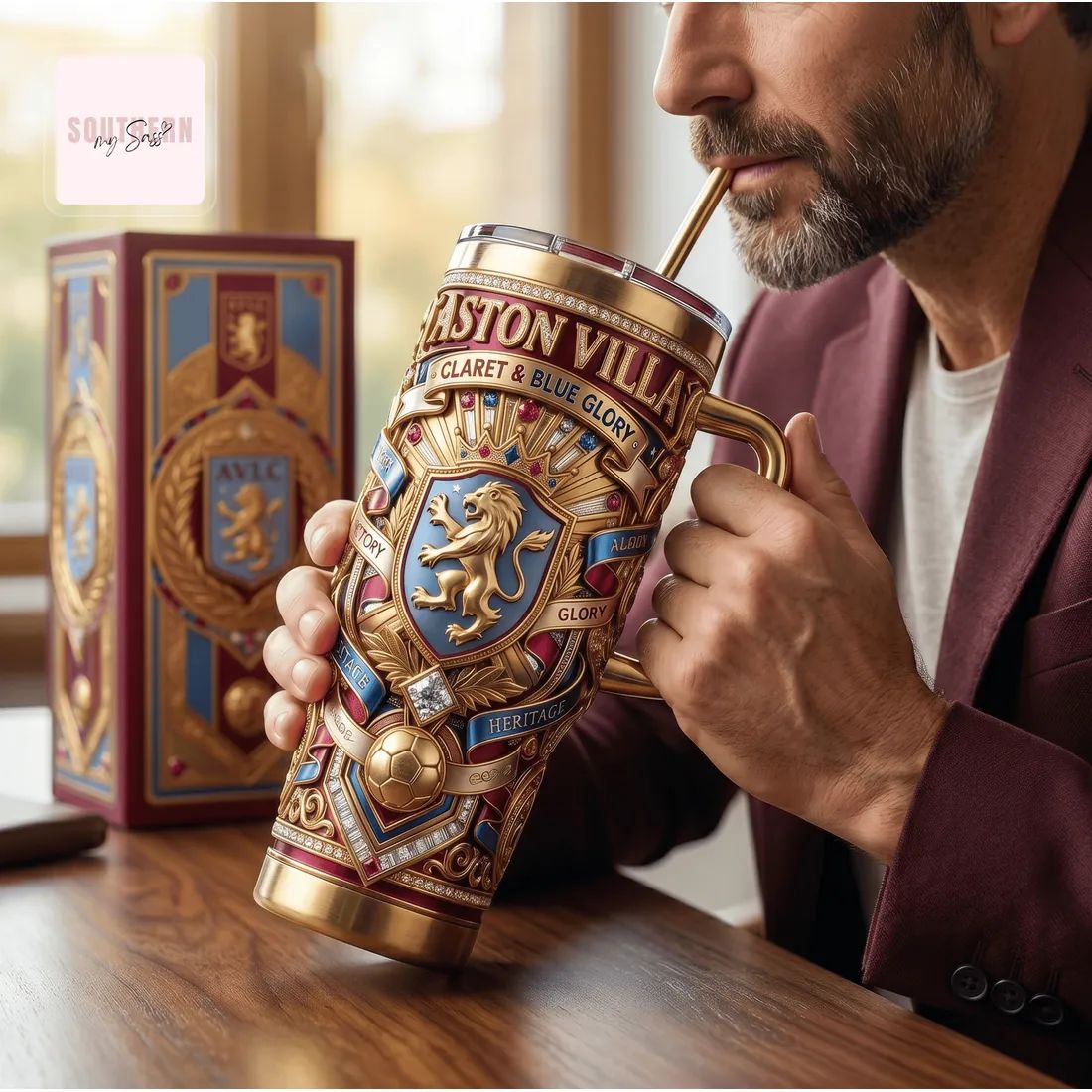 Aston Villa FC Luxury Gold Embellished 40oz Tumbler With Handle