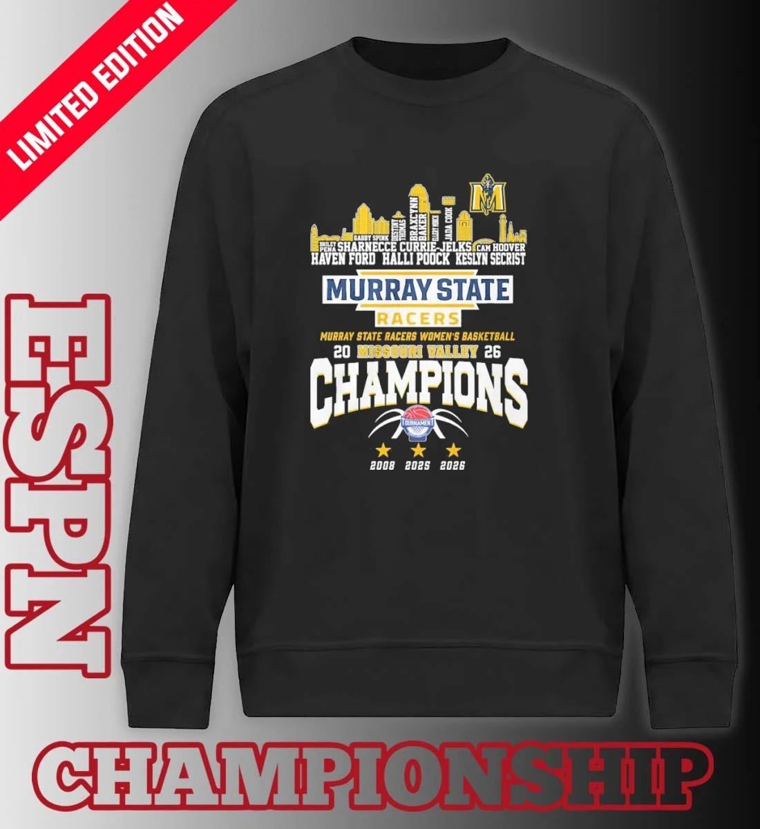 Murray State Women’s Basketball 2026 MVC Conference Champions Skyline Player Name Shirt