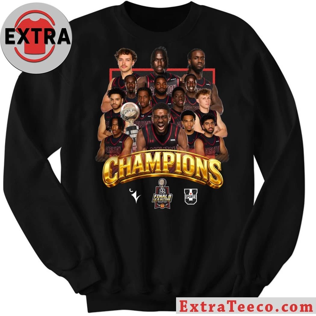 The Carleton Ravens men’s basketball team celebrated their victory Shirt