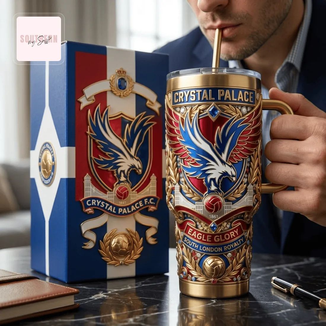 Crystal Palace F.C. Premium Gold Embossed 40oz Insulated Tumbler with Handle