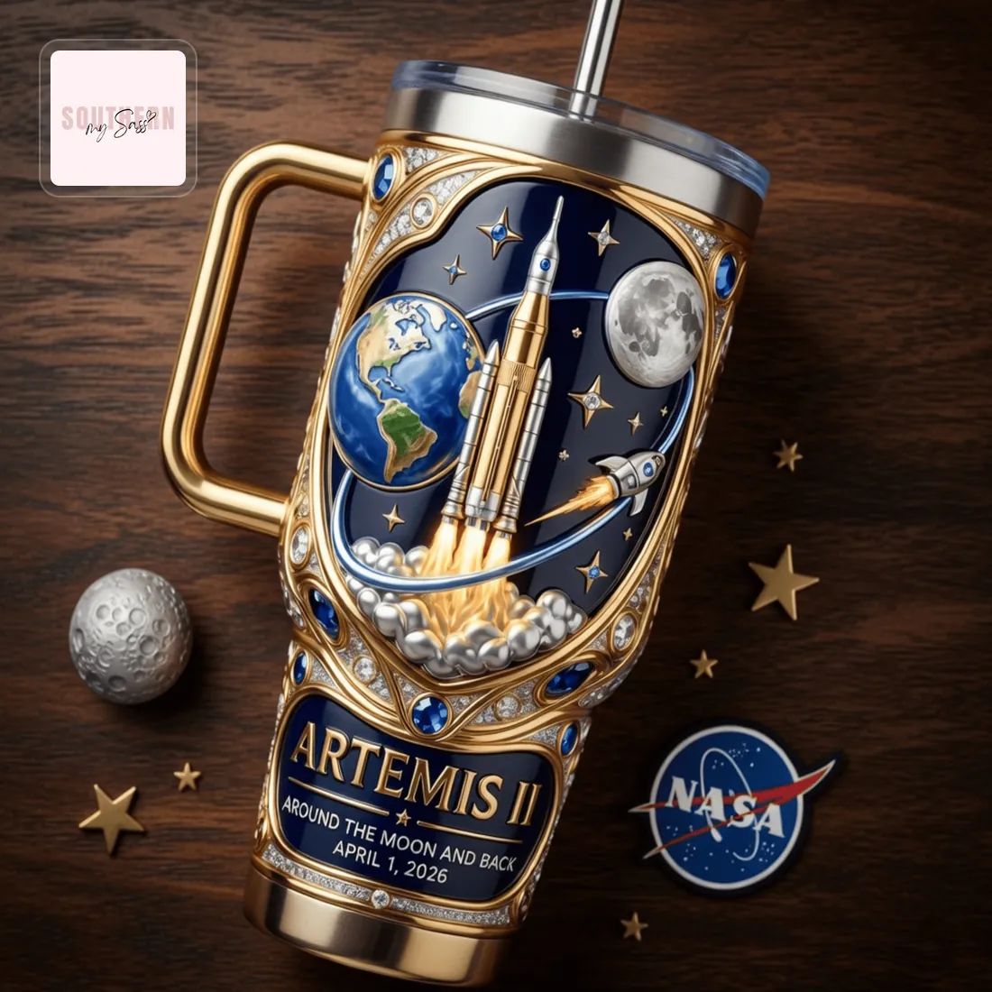 Artemis II Luxury Gold Commemorative 40oz YETI Tumbler With Handle