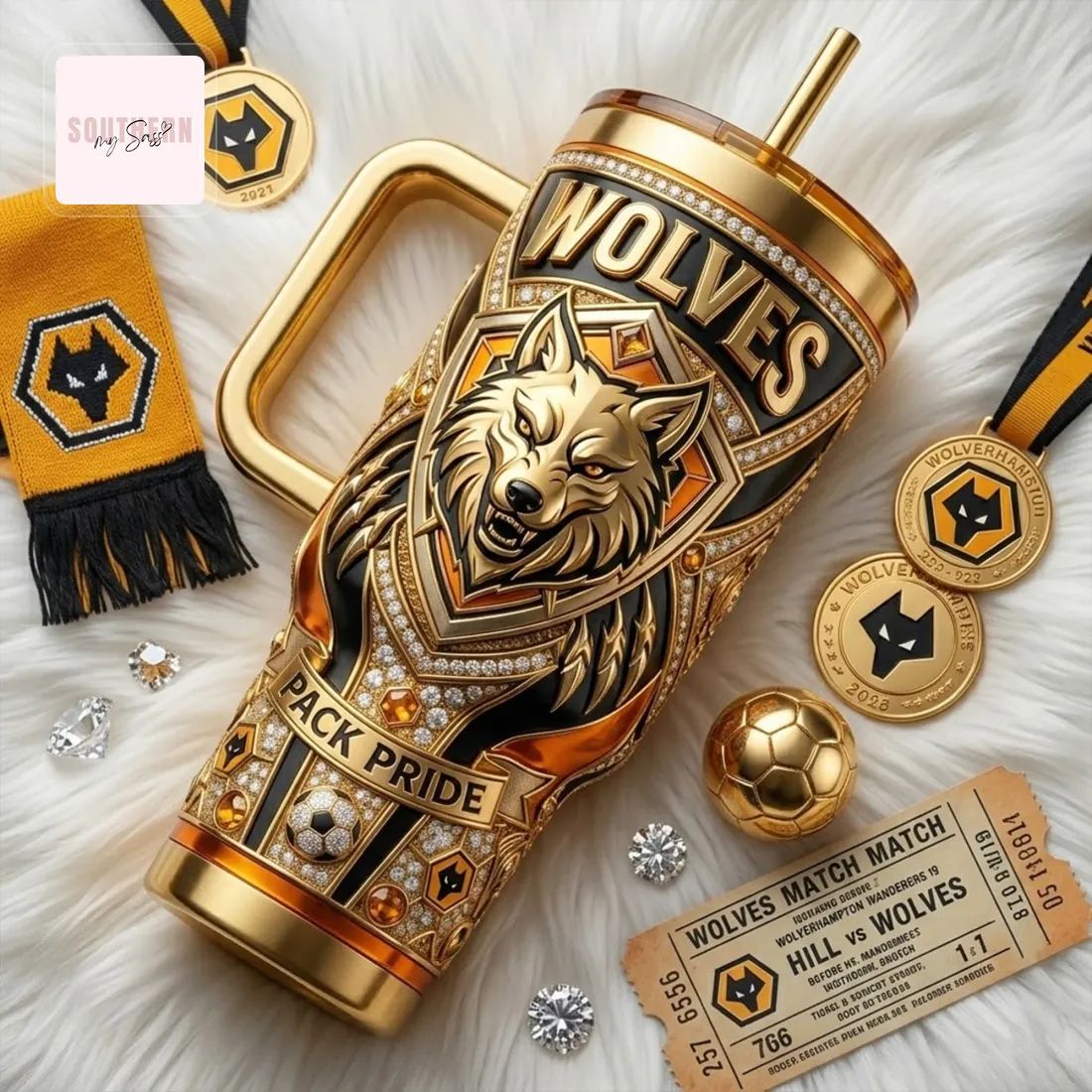 Wolverhampton Wanderers Wolves Luxury Gold 40oz Diamond Insulated Tumbler with Handle