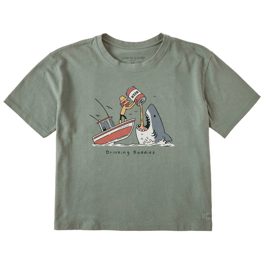 Women's Drinking Buddies Shark Short Sleeve Crusher Boxy Tee