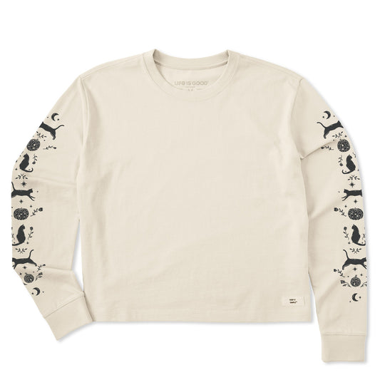 Women's Woodcut Black Cats Long Sleeve Crusher Boxy Tee