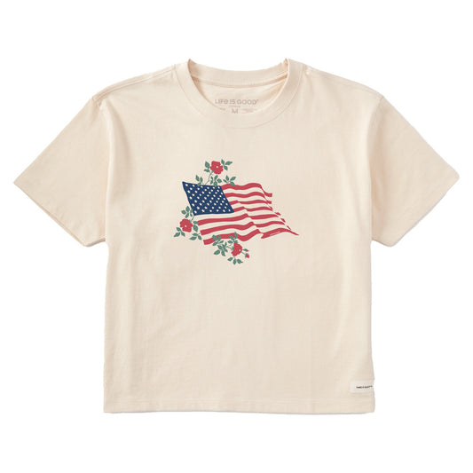 Women's Red Rose American Flag Short Sleeve Crusher Boxy Tee