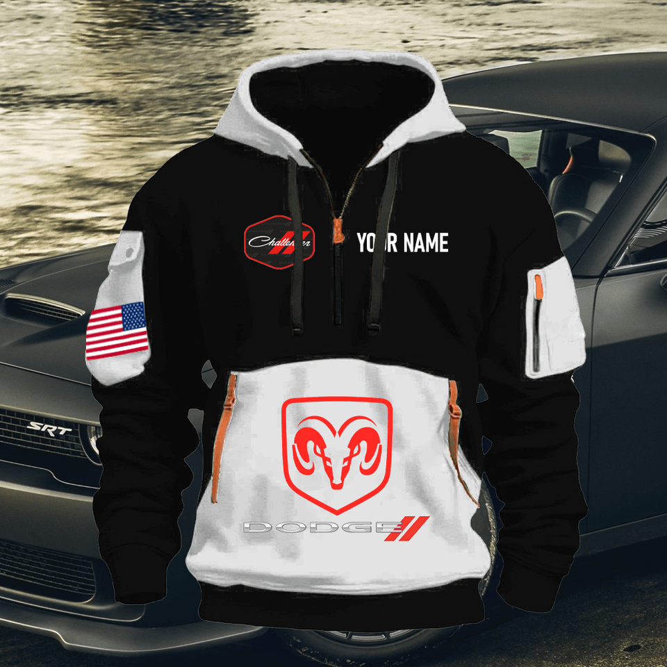 Dodge Challenger Personalized Name White & Black Quarter Zipper Hoodie