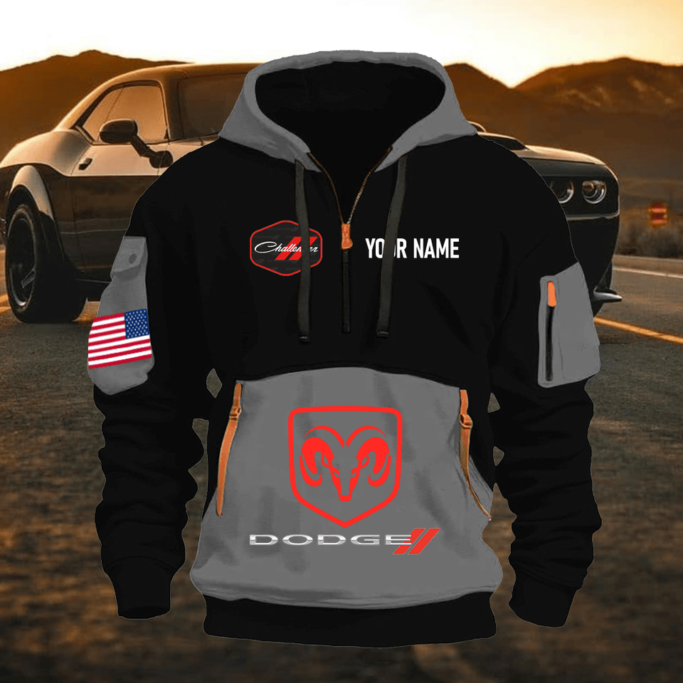 Dodge Challenger Personalized Name Grey & Black Quarter Zipper Hoodie