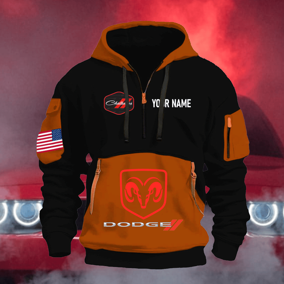 Dodge Challenger Personalized Name Burnt Orange & Black Quarter Zipper Hoodie