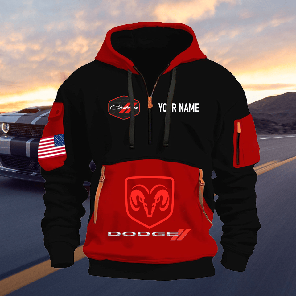 Dodge Challenger Personalized Name Red & Black Quarter Zipper Hoodie
