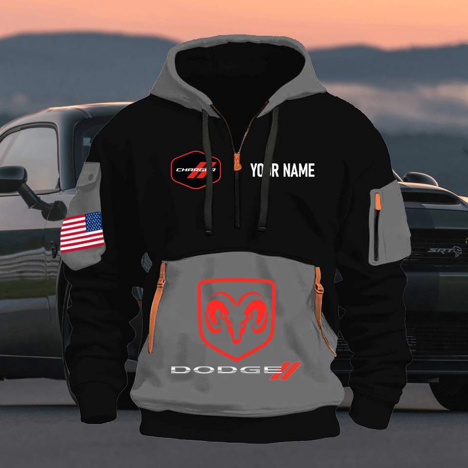 Dodge Charger Personalized Name Grey & Black Quarter Zipper Hoodie