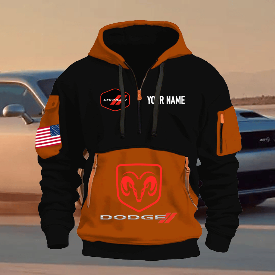 Dodge Charger Personalized Name Burnt Orange & Black Quarter Zipper Hoodie