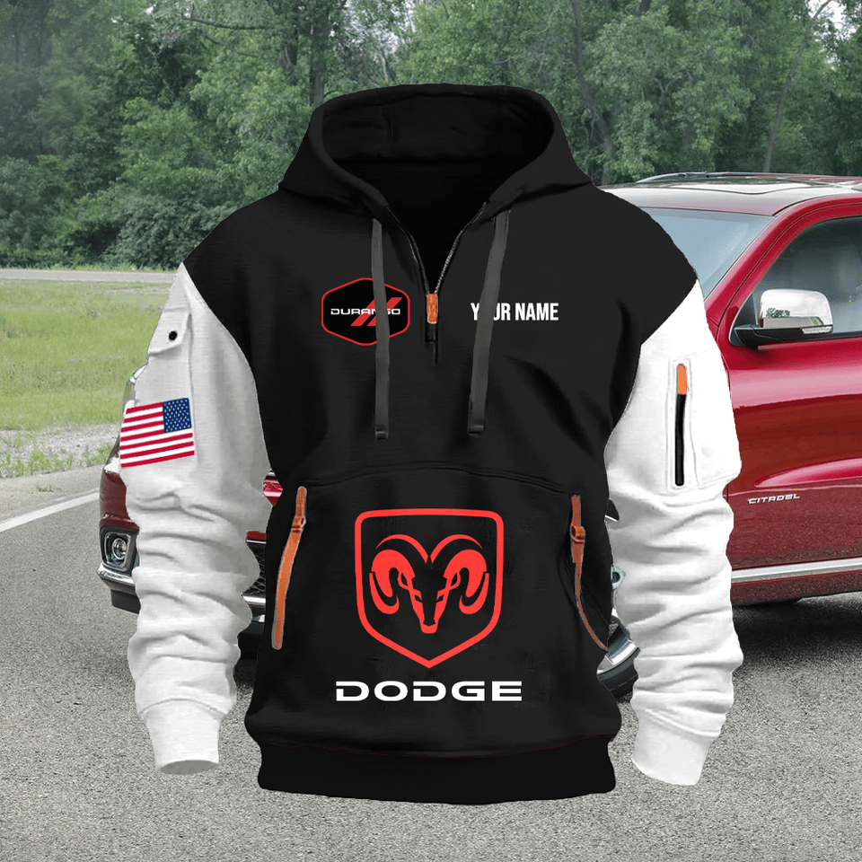 Dodge Durango Personalized Name Black Quarter Zipper Hoodie - White Sleeve