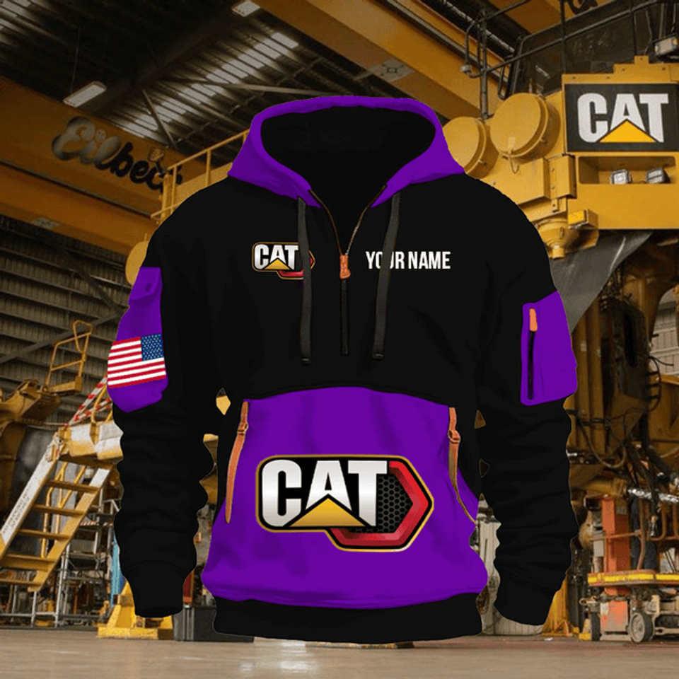 Caterpillar Personalized Name Purple & Black Quarter Zipper Hoodie