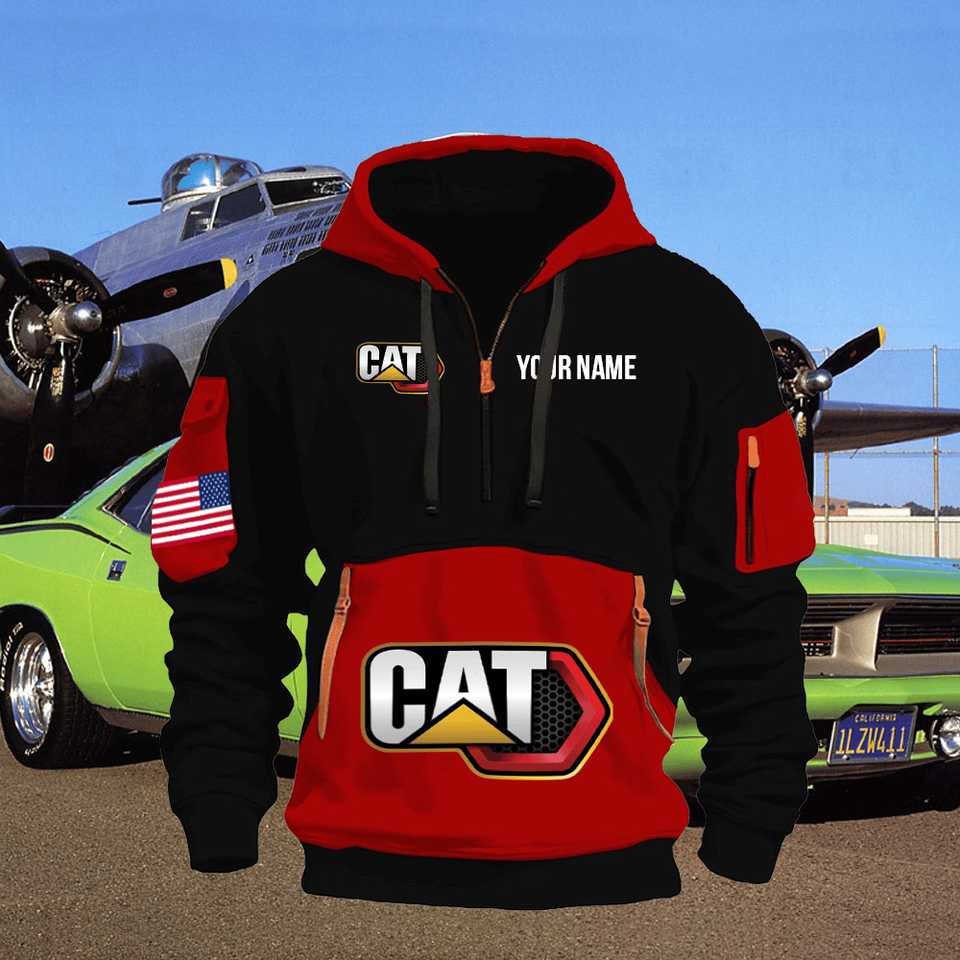 Caterpillar Personalized Name Red & Black Quarter Zipper Hoodie