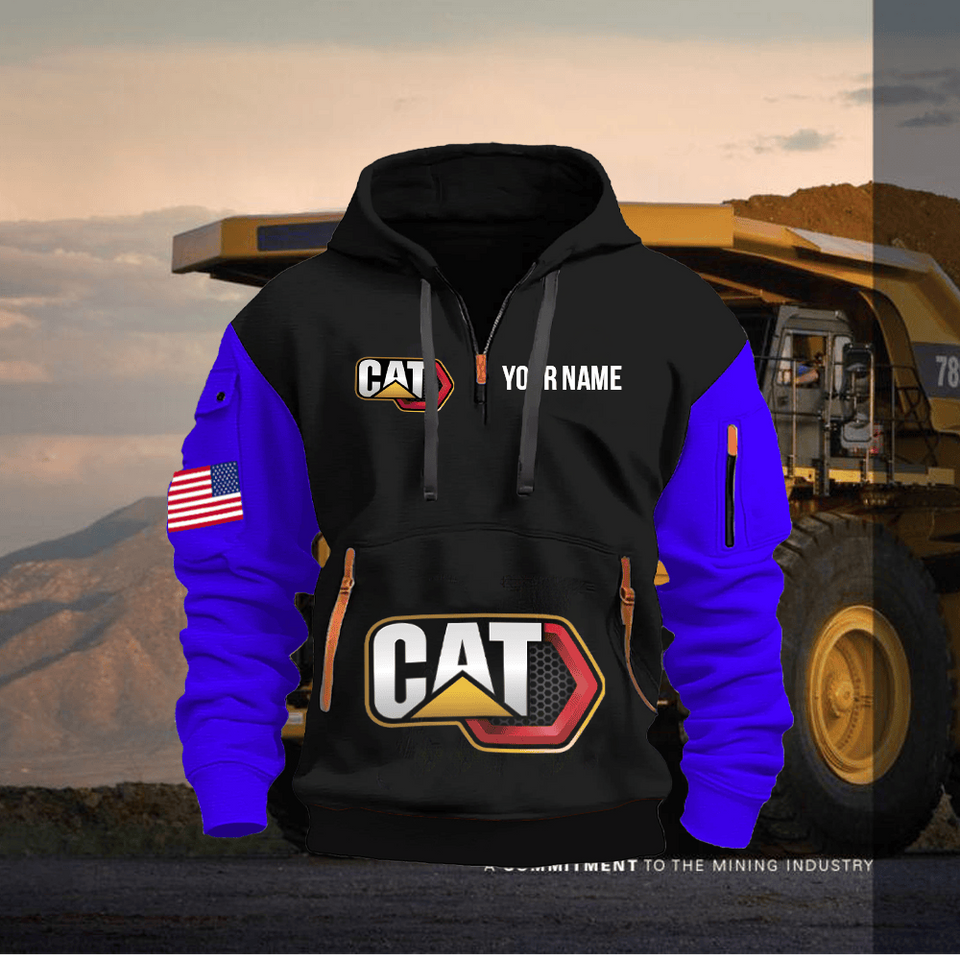 Caterpillar Personalized Name Black Quarter Zipper Hoodie - Blue Sleeve