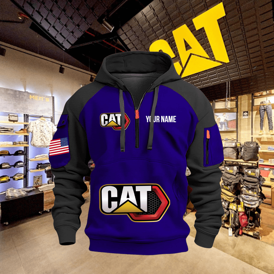 Caterpillar Personalized Name Blue Quarter Zipper Hoodie - Black Sleeve