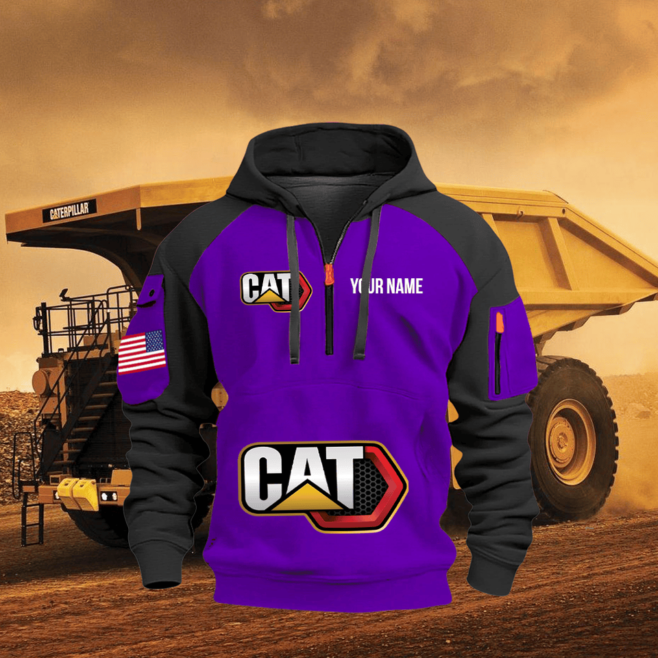 Caterpillar Personalized Name Purple Quarter Zipper Hoodie - Black Sleeve