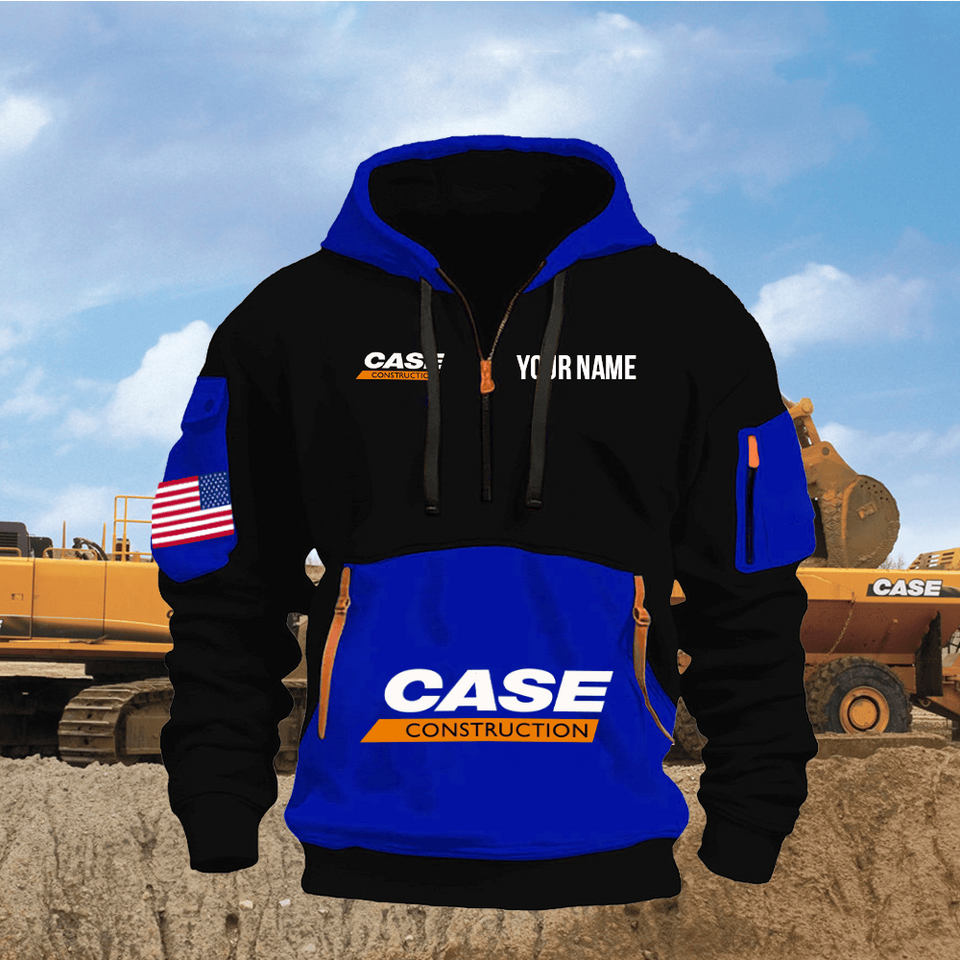 Case Construction Equipment Personalized Name Blue & Black Quarter Zipper Hoodie