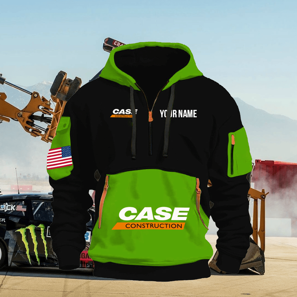 Case Construction Equipment Personalized Name Green & Black Quarter Zipper Hoodie