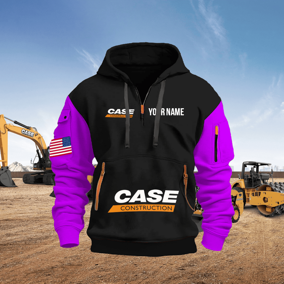 Case Construction Equipment Personalized Name Black Quarter Zipper Hoodie - Purple Sleeve