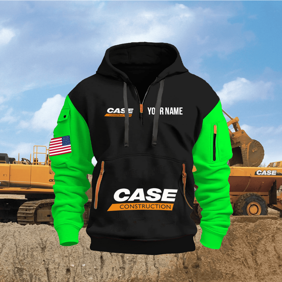 Case Construction Equipment Personalized Name Black Quarter Zipper Hoodie - Green Sleeve