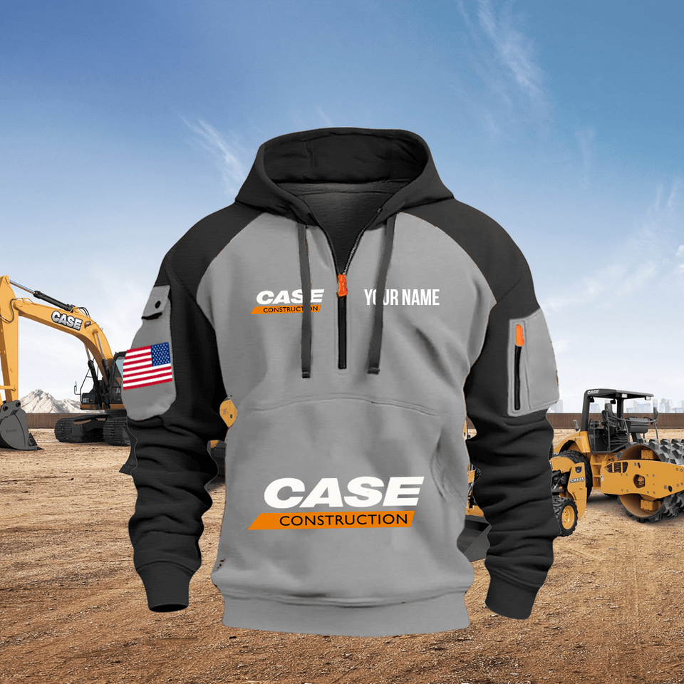 Case Construction Equipment Personalized Name Grey Quarter Zipper Hoodie - Black Sleeve
