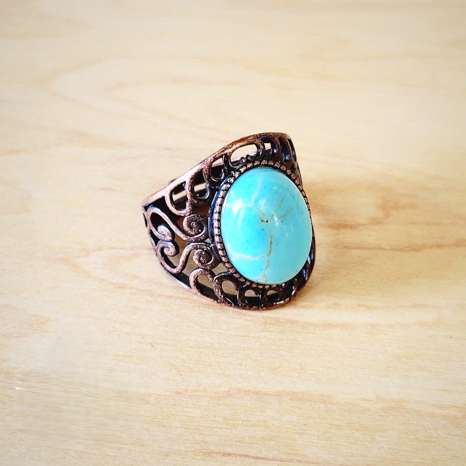 Blue Turquoise Ring in Antique Copper Filigree Setting 012d1