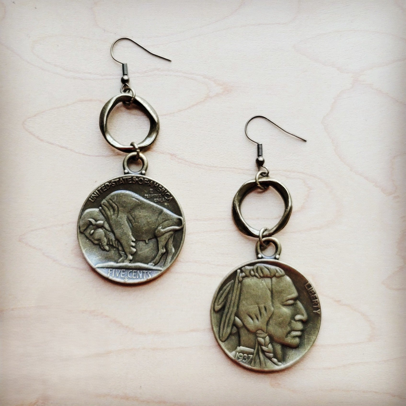 Antique Gold Indian Buffalo Head Earrings 221f