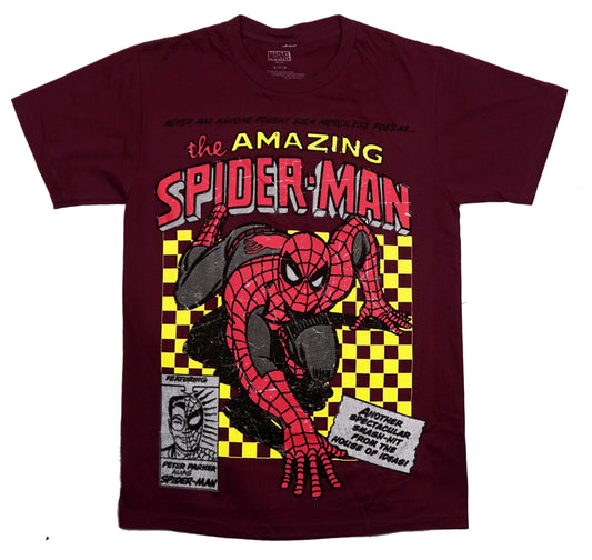 Spider-Man Mens T- Shirt - Crawling Yellow Checker Board Peter Parker Alias